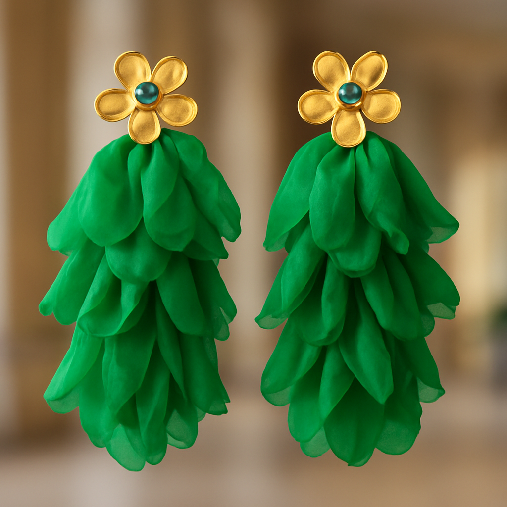 Green fabric flower earrings